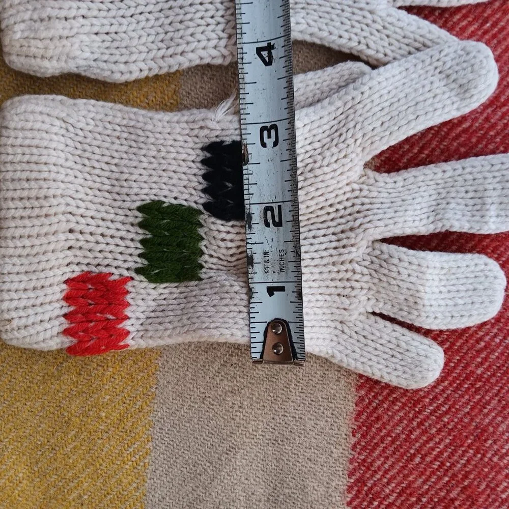 Vintage Girls Handmade Wool Knit Gloves With Red Green Black Pattern Design